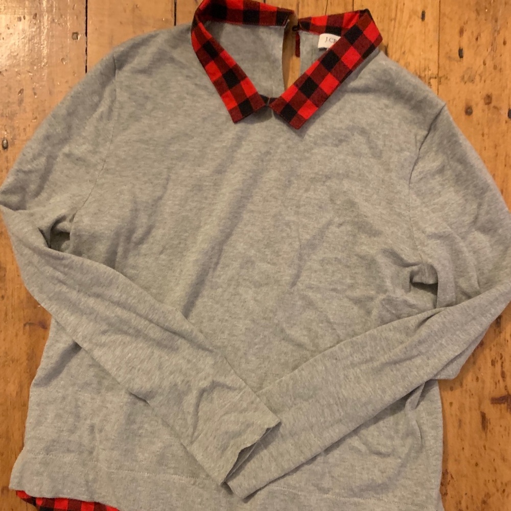 J Crew Gray Sweater with Plaid Underlayer- NWT
